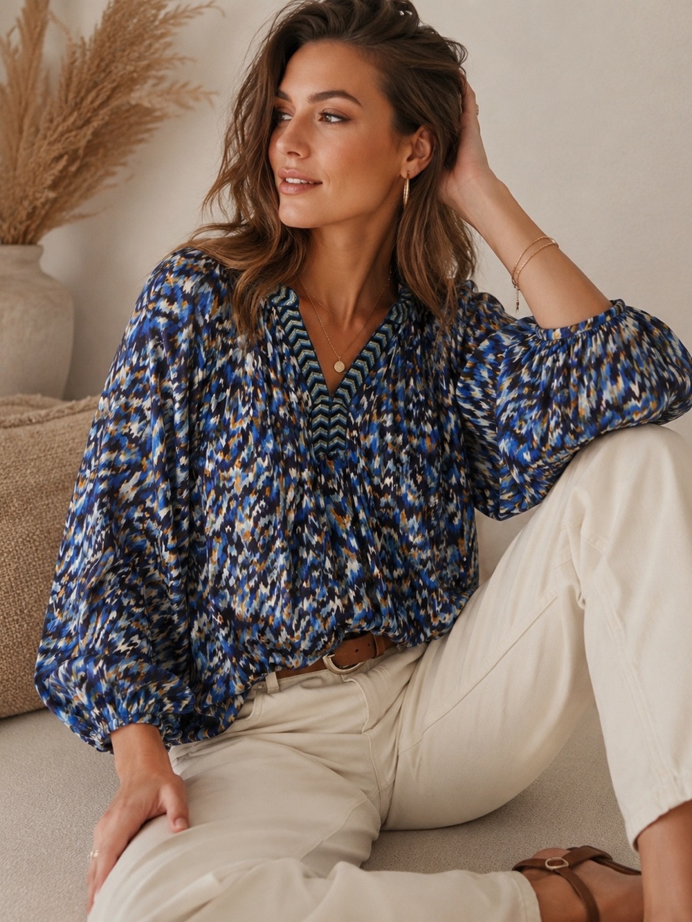 EsQualo Blue Abstract Print Metallic Detail Boho Blouse Plus Size 14